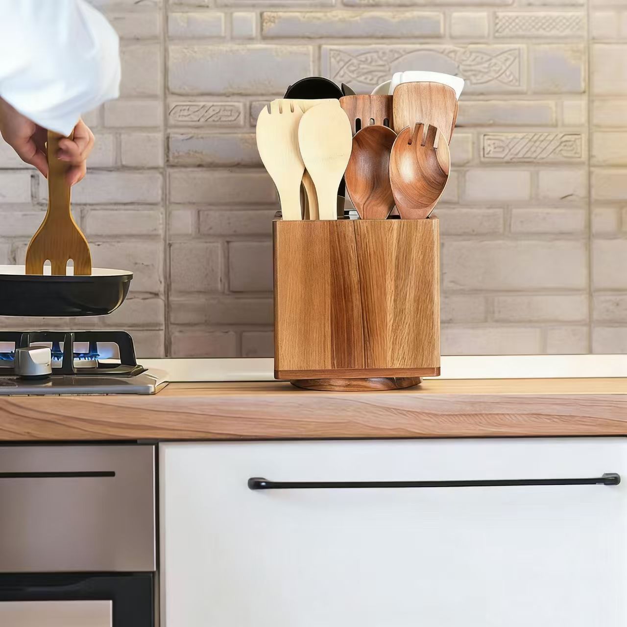 Wooden Rotating Cutlery Storage Box Kitchen Utensil Holder with Compartments for Knives, Forks, and Spatulas Cooking Utensil Storage