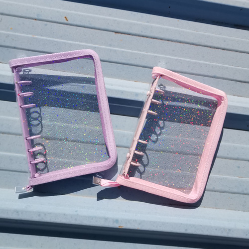 Japanese and Korean ins glitter powder 6-hole loose-leaf notebook zipper edge transparent glitter star chasing notebook shell