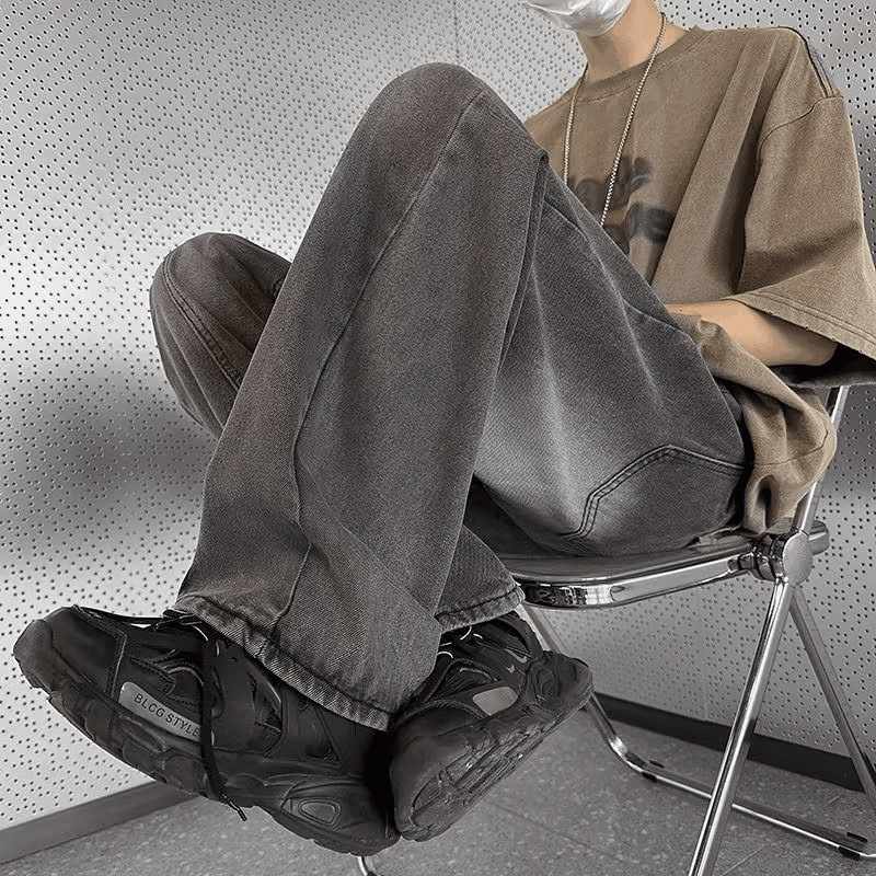 Men's Loose Straight Leg Jeans Style High Street Retro Washed Design Casual Wide Leg Pants Spring Autumn_mkmklike.com