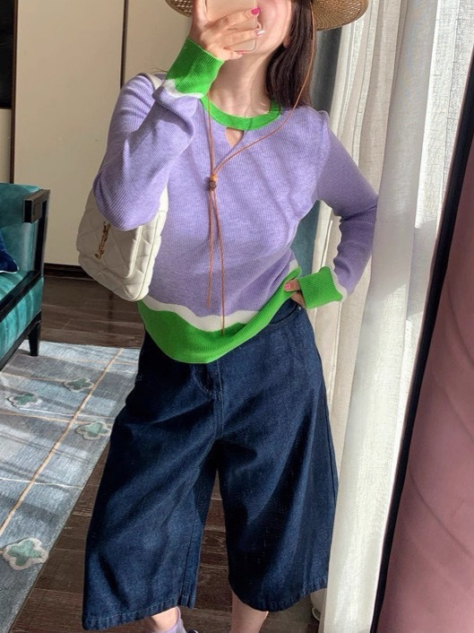 早秋季撞色拼接长袖针织衫女春秋季小众别致减龄洋气紫色2|undefined