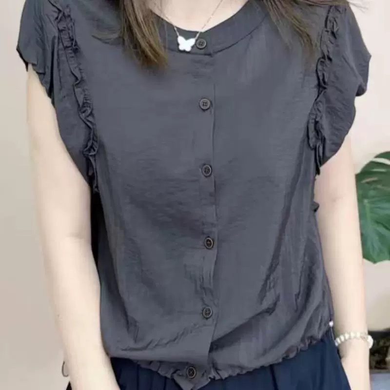 Лето 2025, новая модная стильная универсальная свободная рубашка с короткими рукавами для женщин с рюшами и круглым вырезом, топ 8042