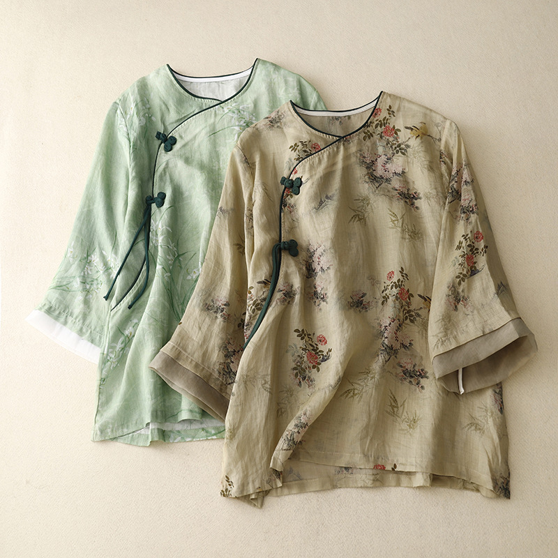 Real Shot of 2026 Summer New Ethnic Style Retro Printed Tops for Women, Shirt with Contrasting Color Plate Button Design Real Shot of 2026 Summer New Ethnic Style Retro Printed Tops for Women, Shirt with Contrasting Color Plate Button Design