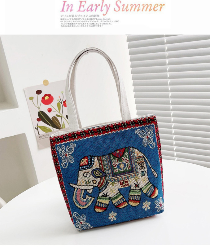 エスニックスタイルトートバッグ両面ジャカード刺繍アニメ漫画ショッピングバッグキャンバス容量バッグ女性のポータブルママバッグ|undefined