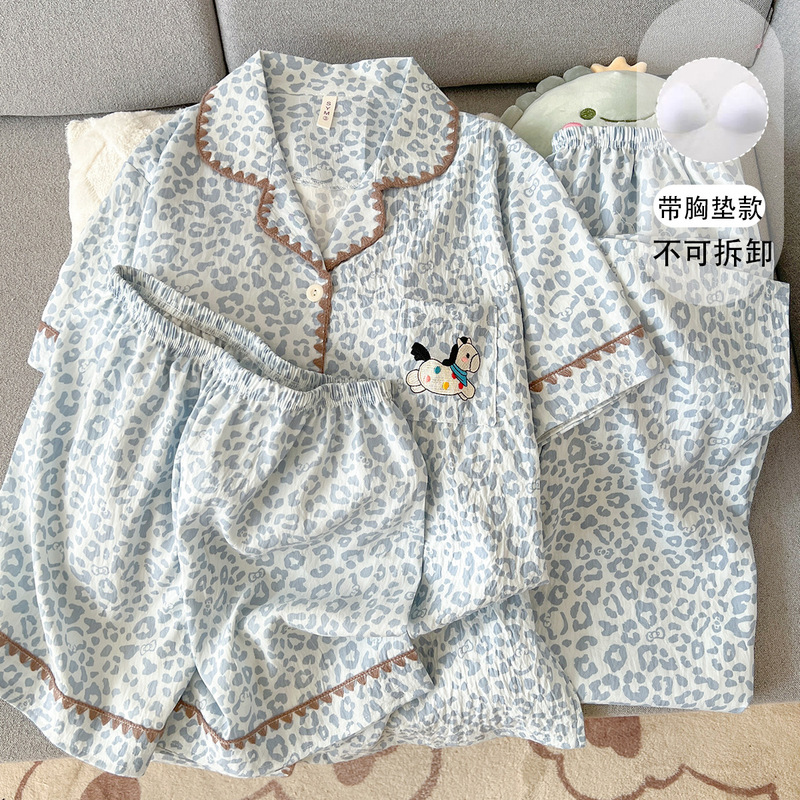 Women's Large Size Pajamas with Breast Pads, Spring and Summer Short-Sleeved Leopard Print Polka Dot Pony Cute Lace Three-Piece Set Cross-Border Wholesale