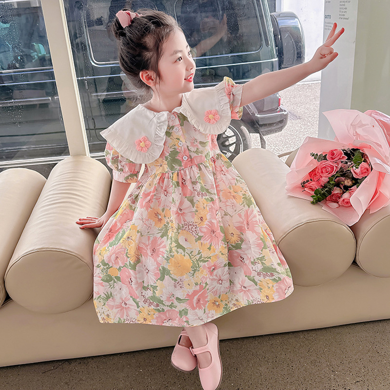 Girls' summer cotton skirt pure cotton skirt children's doll collar floral French forest kindergarten oil painting style