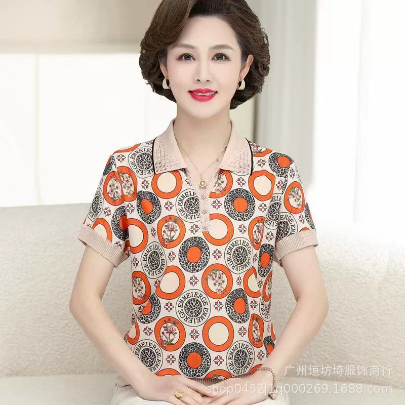 Модная футболка с коротким рукавом с лацканом для пожилых мам