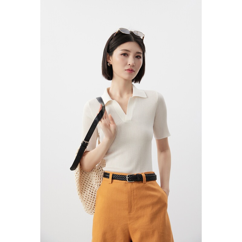 【Moonlight Softness】Basic Minimalist Lyocell Silk Cotton Ribbed Seagull Collar Polo Knit Shirt for Women Summer 26 【Moonlight Softness】Basic Minimalist Lyocell Silk Cotton Ribbed Seagull Collar Polo Knit Shirt for Women Summer 26