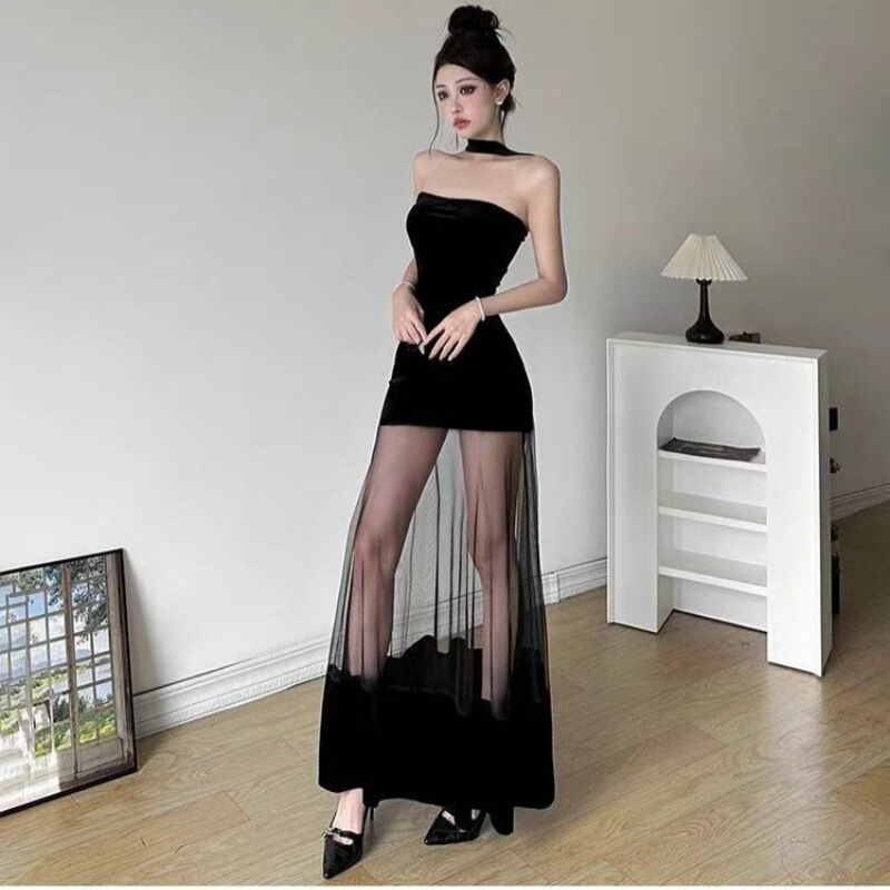 2025 Hot Girl Mesh Design Solid Color Velvet Dress Women's Pure Desire Birthday Party Dress Slim Dress