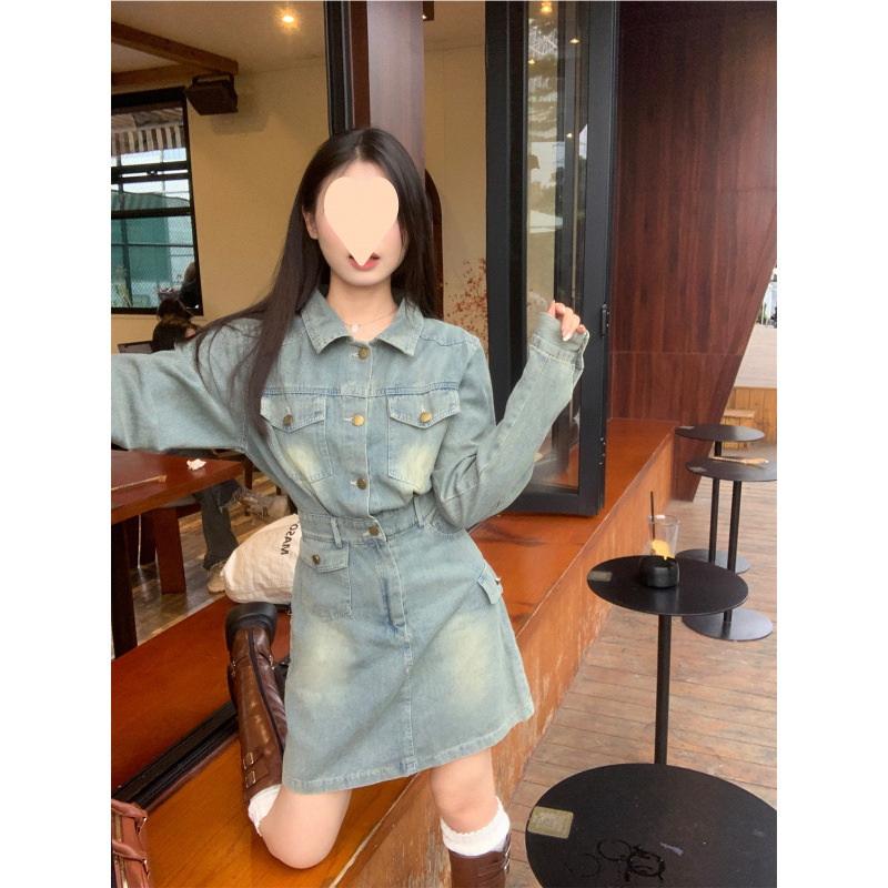 Retro denim dress for women in autumn new Korean style slim waist-hugging skirt for long sleeve shirt short skirt