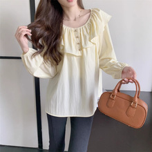 大码女装2025春季新款法式荷叶边圆领衬衫减龄显瘦一字肩小衫上衣