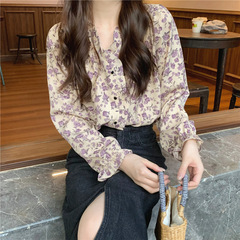 フレンチ V ネック花柄シャツ女性のための 2025 春シックなニッチ年齢軽減痩身シフォンシャツレトロ長袖