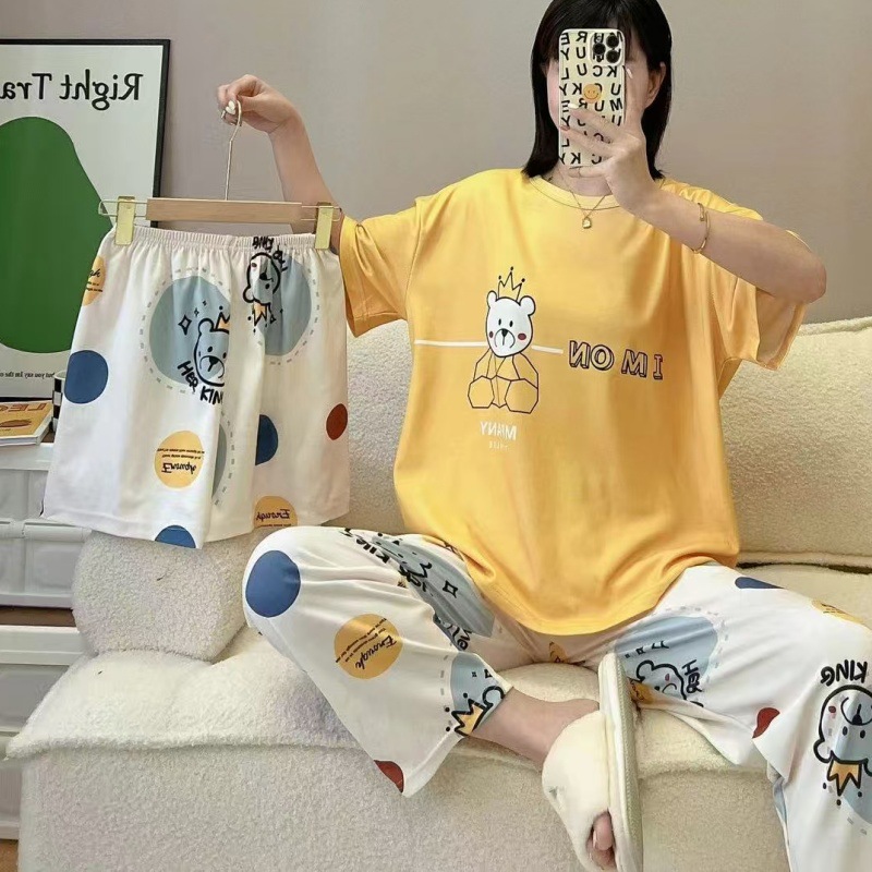 Pijamas de verano transfronterizos pijamas de leche de seda de tres piezas set de dibujos animados comercio exterior ropa para el hogar pantalones de mangas cortas lindos