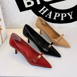 9998-1 French commuting versatile bow, shallow mouth patent leather shiny surface, slim heels, pointed temperament, sing