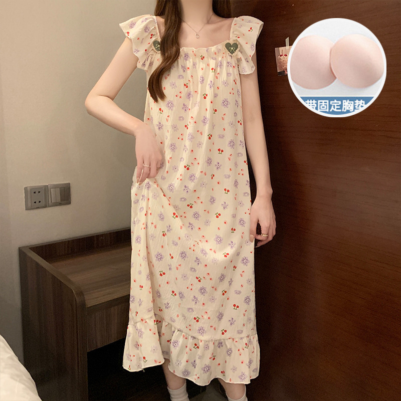 055Z # Summer New Style Woven Cloud Cotton Suspender Nightgown for Women with Breast Pads, Princess Style Home Wear Long Dress 055Z # Summer New Style Woven Cloud Cotton Suspender Nightgown for Women with Breast Pads, Princess Style Home Wear Long Dress