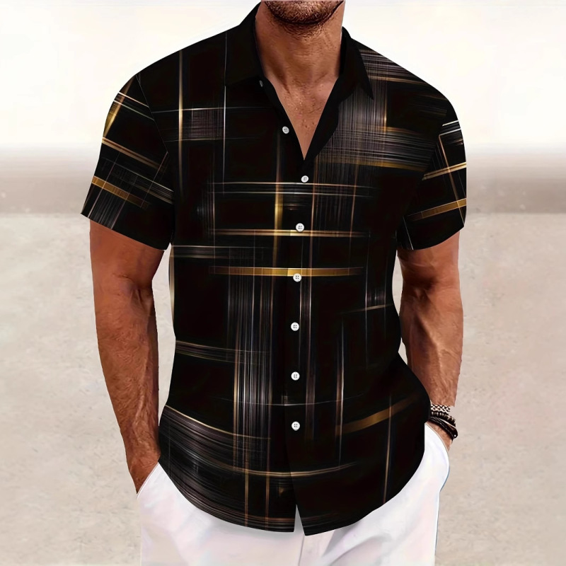 Cross-Border European and American Men's Hawaiian Shirt 3D Gold Glitter Print Design Loose Casual Short-Sleeved Buttons