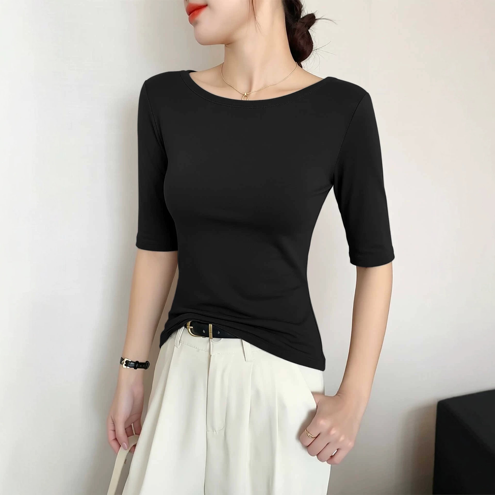Black One-Shoulder Mid-Sleeve T-Shirt for Women, Summer 2026 New Style, Slim-Fit Five-Quarter Sleeve Base Shirt, Versatile Half-Sleeve Top