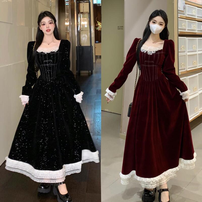 plus size Berry Sweetheart Vintage Christmas Annual Meeting Sweet Velvet Lace Stitching Age-reducing Long and Short Slimming dress