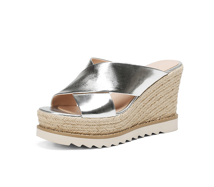 Sandal cao gót nữ đế xuồng đan rơm hở mũi quai chéo bản to — màu trắng ngà, bạc chi tiết 17