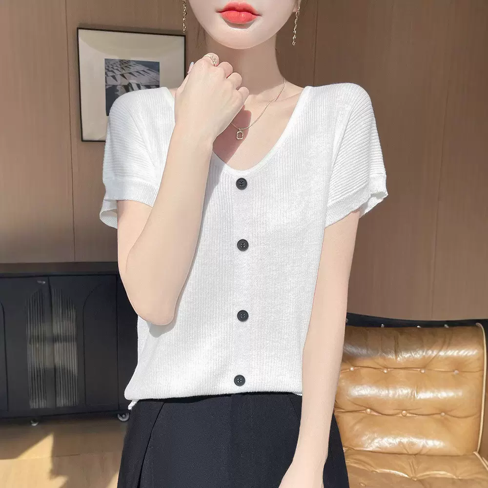 洋气飞飞袖羊毛针织衫女恤女夏季新款小众减时尚袖t恤衫短款上衣