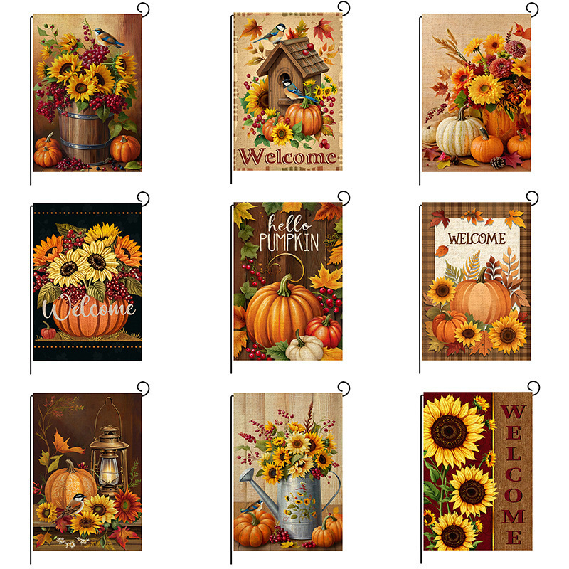 Cross-Border Temu Thanksgiving Garden Flags Linen Autumn Harvest Outdoor Small Flags Yard Party Decoration Small Bunting Flags