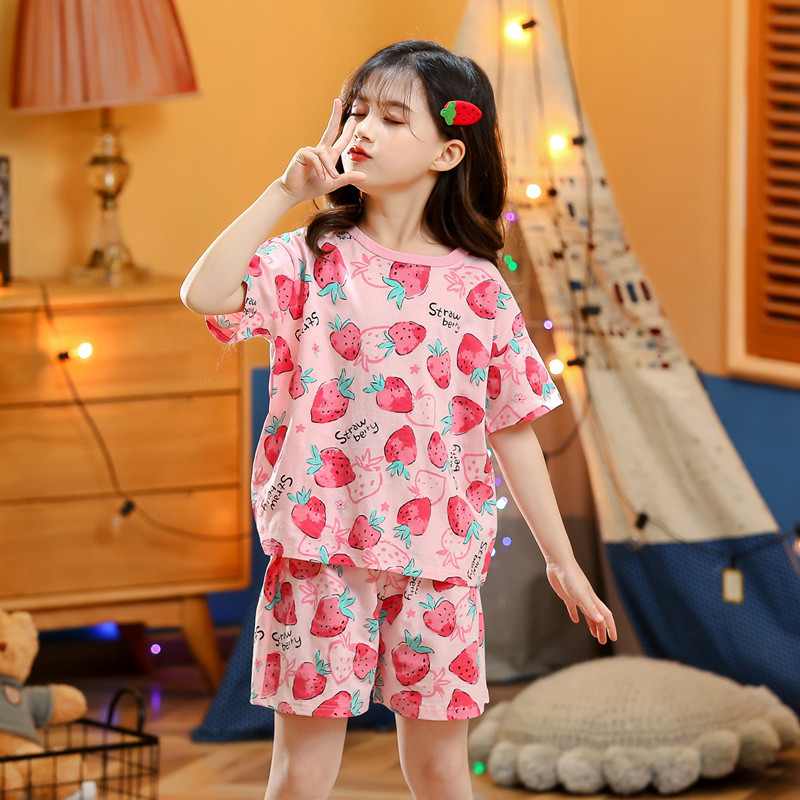 2024 New Kidsren's Summer Short-Sleeved Suit Home Clothes Pajamas Pure Cotton Thin Air-Conditioned Clothes Princess Girls Baby