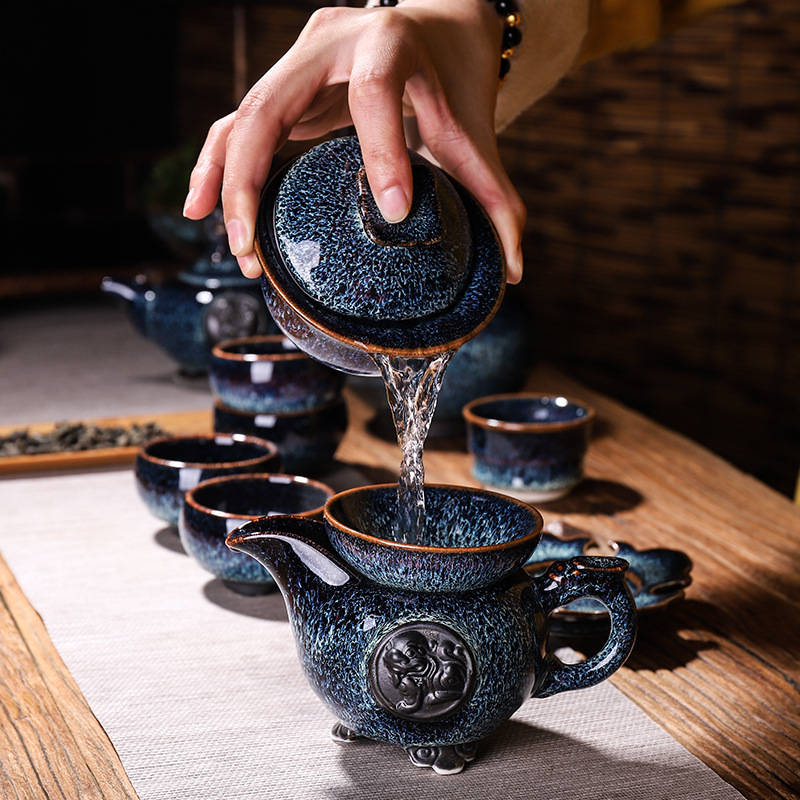 凌胜 窑变天目釉盖碗家用功夫茶具建盏钧窑陶瓷三才茶碗泡茶器