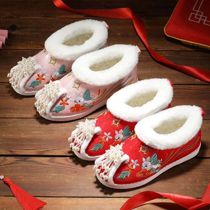 Зимняя обувь с вышивкой на флисовой подкладке для девочек, антикварная детская теплая обувь ханьфу, зимние сапоги в китайском стиле для девочек, большие хлопковые сапоги