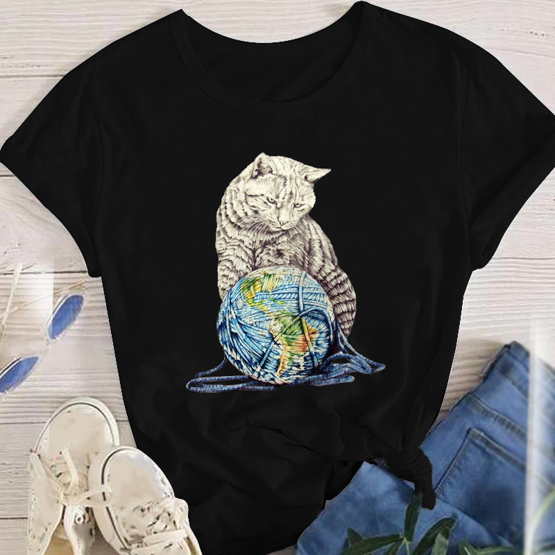 101g Weight Short Sleeve Sleeve Length Pullovers Placket Type Wholesale Women'S Fashion Cat Flower Short Sleeve Printing T-Shirts