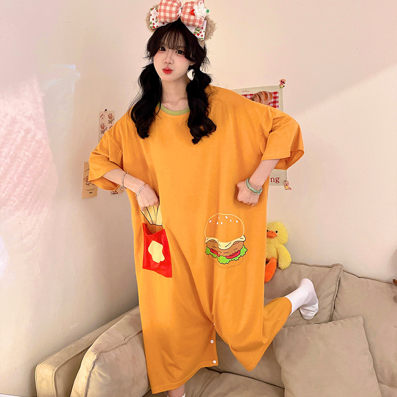 Women's Spring and Summer Thin Cute Cartoon Sleeve Pants Cotton Short-sleeved Outer-suit Sleeve Pajamas