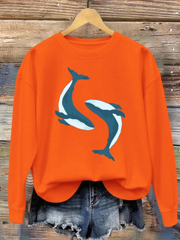 Two Whales Snuggling Together Playing Printed Pullover Women's Autumn Crew Neck Sweatshirt Loose Fit Two Whales Snuggling Together Playing Printed Pullover Women's Autumn Crew Neck Sweatshirt Loose Fit