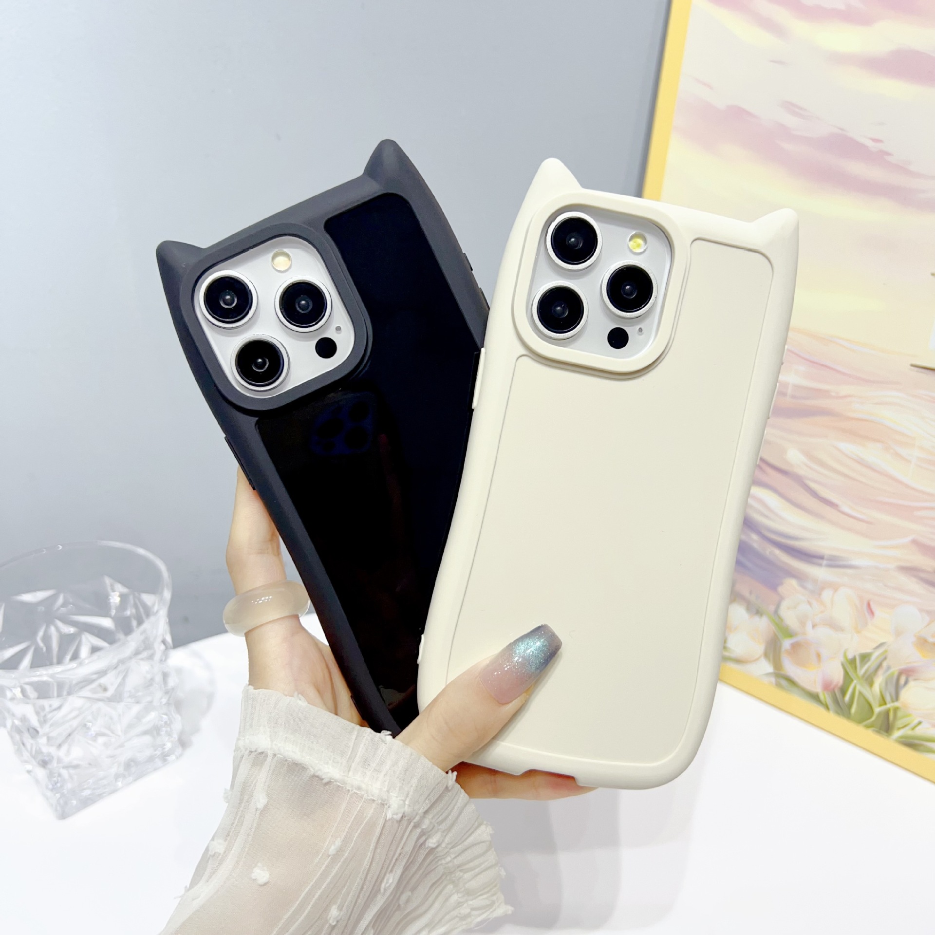 Matte Silicone Phone Case With Cat Ears For Iphone 16 Pro Max_voghion.com
