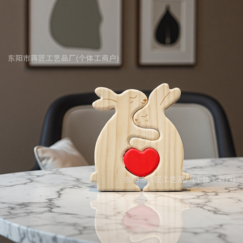 Amazon's Popular Minimalist Decorative Piece, Creative Wooden Rabbit Family Desktop Sculpture Gift