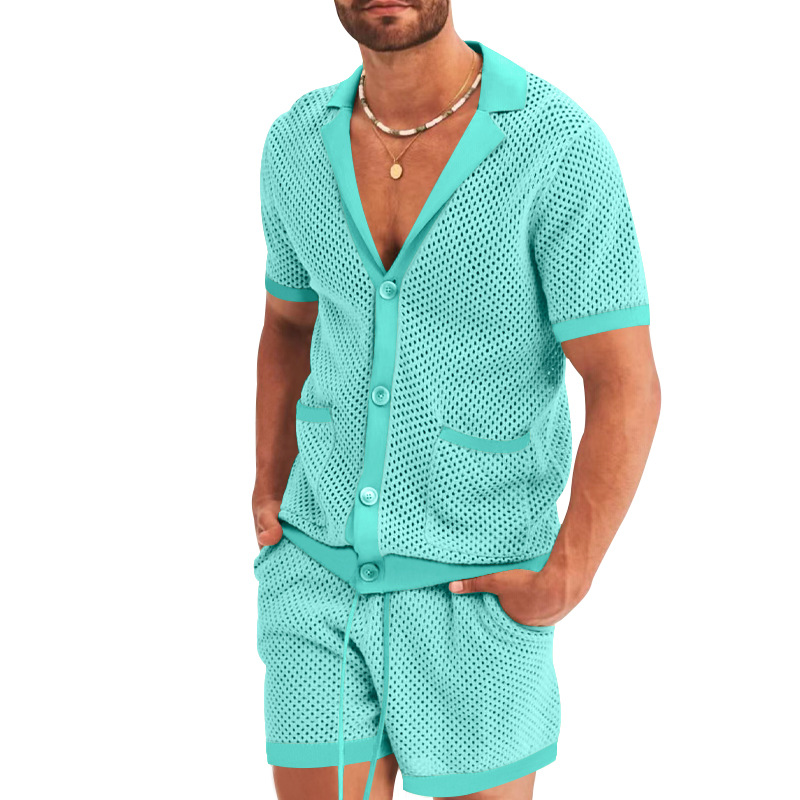 Traje de verano de ropa de hombre transfronterizo de Amazon de malla europea y americana de punto casual camiseta de solapa pantalones cortos de manga corta ropa de hombre