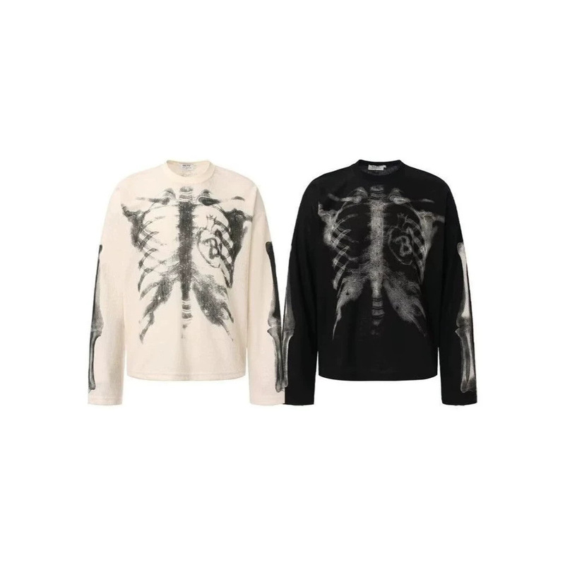 American High Street Style Skeleton X-Ray Cool Print Long-Sleeve Crew Neck Men's Sweatshirt, Waffle Weave Unisex Long T-Shirt American High Street Style Skeleton X-Ray Cool Print Long-Sleeve Crew Neck Men's Sweatshirt, Waffle Weave Unisex Long T-Shirt