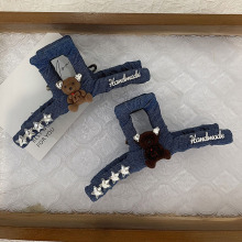 韩国新款牛仔绕布小熊蝴蝶结布艺发夹甜美水钻爱心抓夹鲨鱼夹发饰