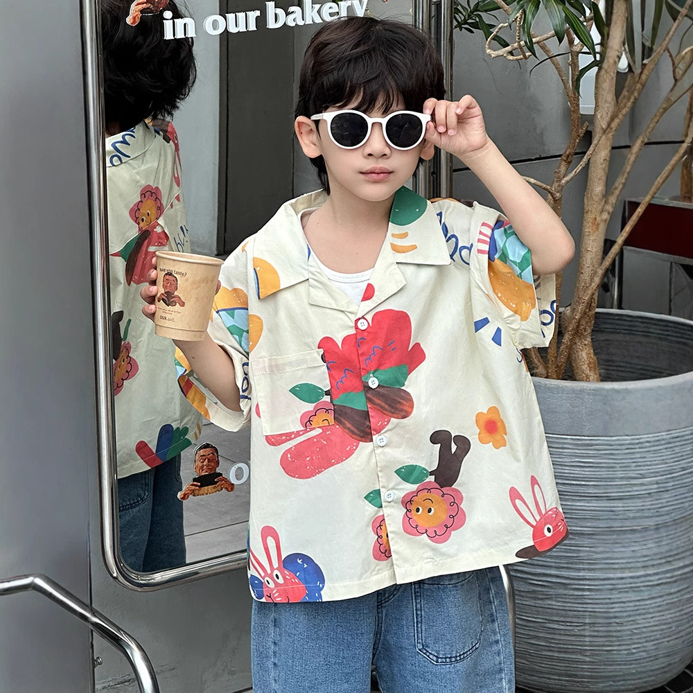 7938 traje de verano para niños 2025 nuevo estilo estilo occidental camisa de verano para bebés ropa de manga corta para niños guapos y guapos