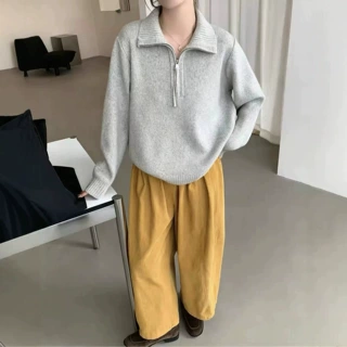 跨境设计感半拉链翻领套头针织衫2026秋冬新款宽松休闲毛衣女外穿