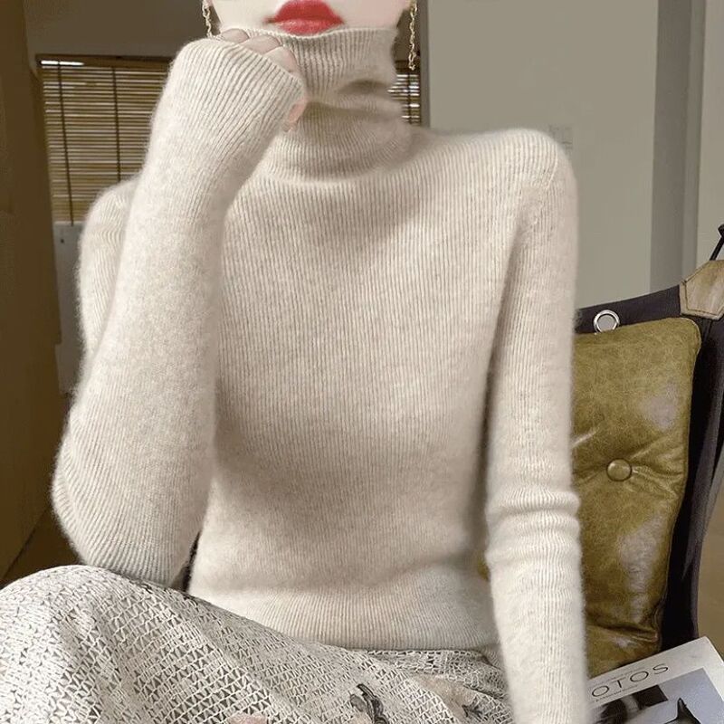 100% Wool Popular Seamless Ribbed Pullover with a Stacked Collar, Slim Fit, 360-Degree Thickened, Versatile and Fashionable