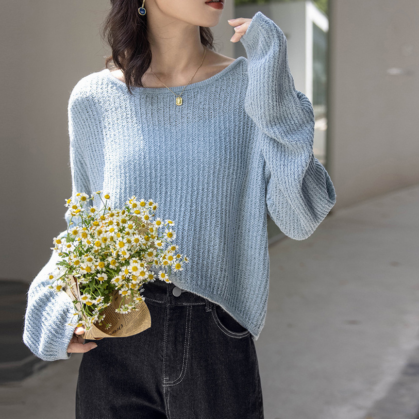 Clavícula corta camiseta de punto para mujeres 2025 primavera nuevo hueco vento perezoso blusa de color sólido camiseta de manga larga suelta image 5