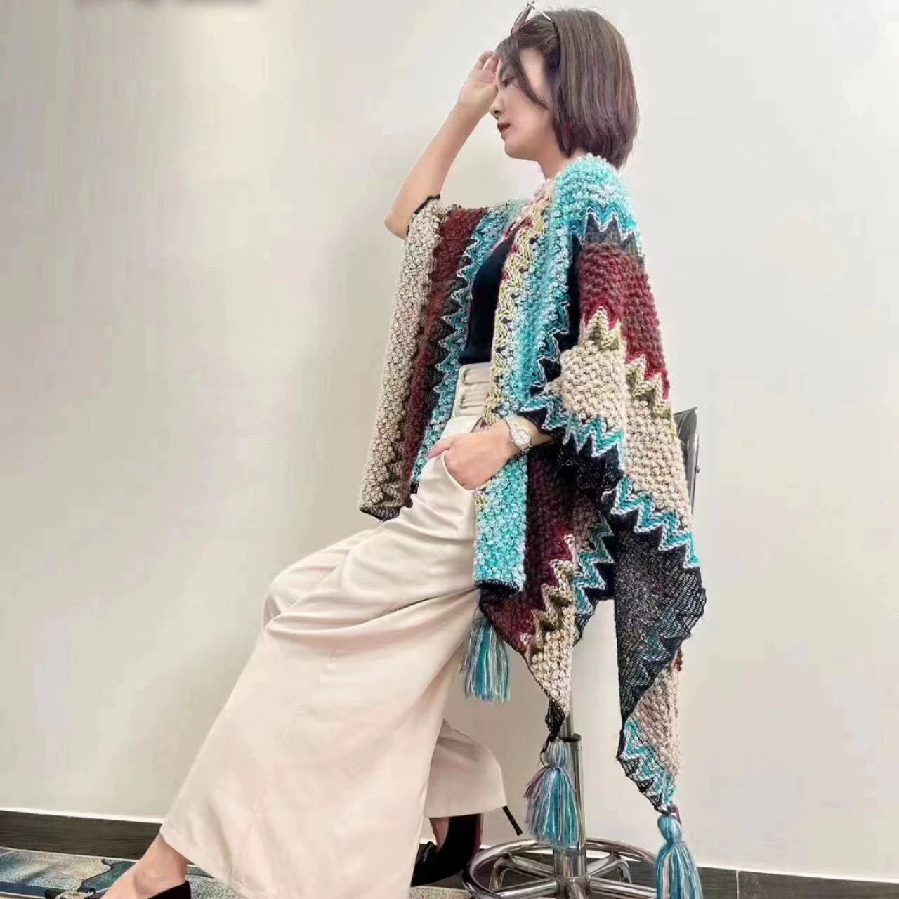 Этническое плащ-пальто, шерстяной knitted плащ, подвеска ручной работы с кисточками для путешествий