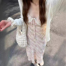 设计感镂空白色针织开衫夏季女装显瘦碎花拼接吊带连衣裙两件套装