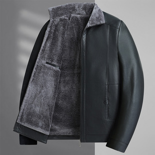 Extra Large Size Men's PU Winter Middle-aged Fatty Fur One-piece fleece-lined Thickened Lapel Warm Leather Jacket