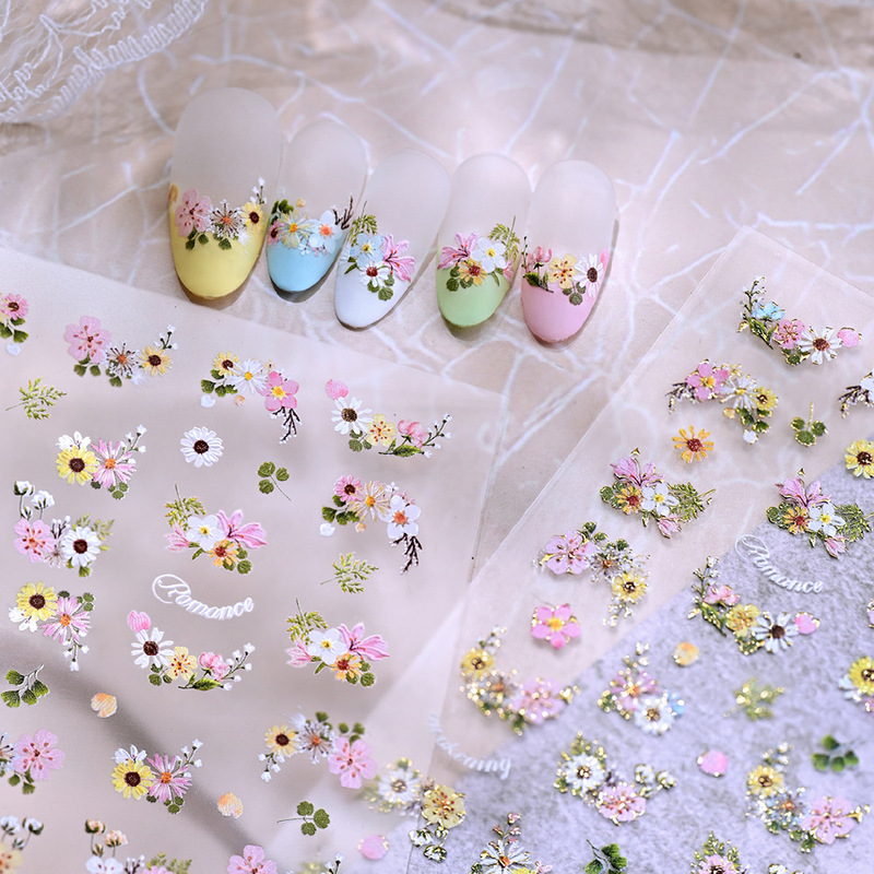 Spring Floral French Daisy Nail Stickers Fresh Style Spring-Themed Adhesive Nail Decals Decoration Stickers