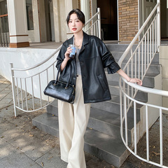 韩系chic黑色西装皮衣外套女2025秋季新款复古宽松气质通勤高级感
