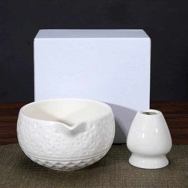 White embossed matcha bowl + tea set + white box