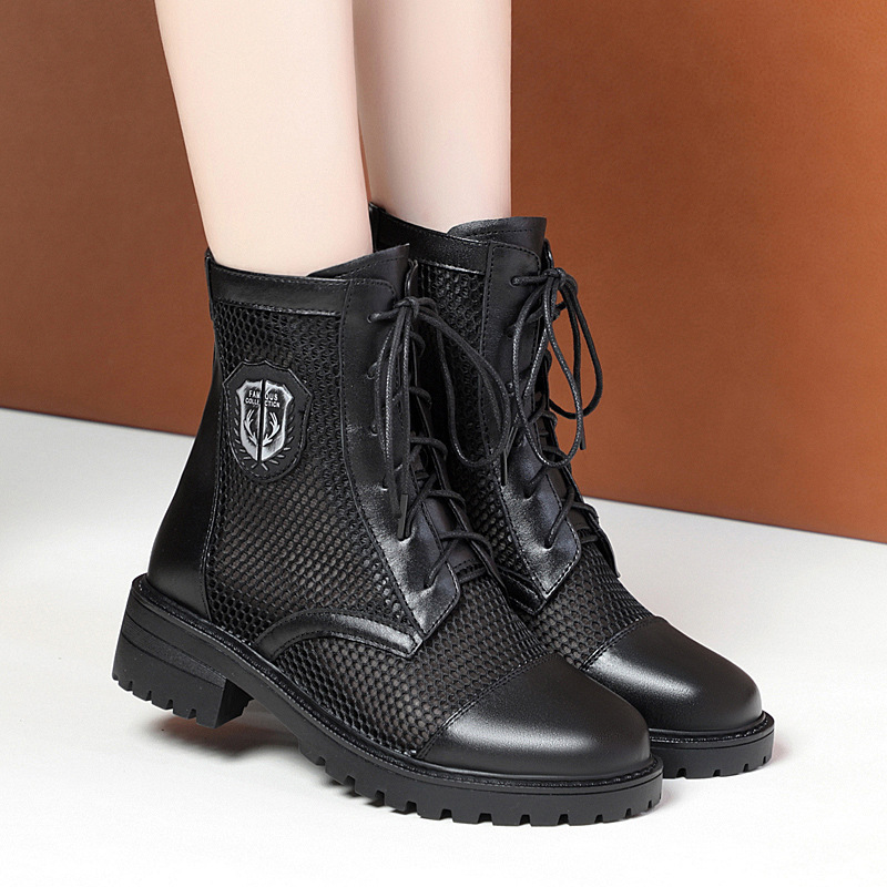 Boot nữ lưới hở mũi gót trung đế thoáng khí — màu be