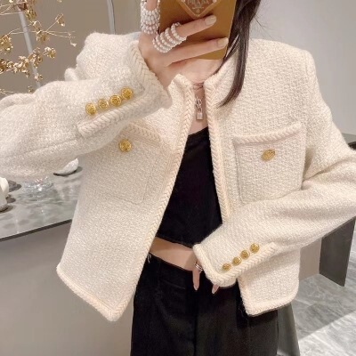 FFmiss ◆ White woven tweed short coat for petite women, autumn and winter, Chanel-style woolen blazer cardigan