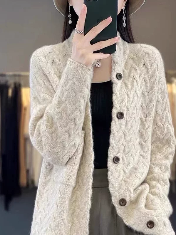 Cardigan, solid woolen long-sleeve, sweater, jacket, autumn, increased thickness, oversize