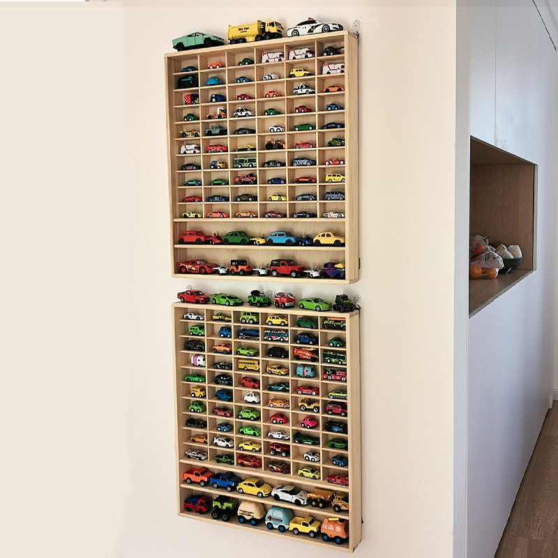 Small car storage wall-mounted display rack for Hot Wheels and Tomica toy cars, multi-compartment solid wood storage box