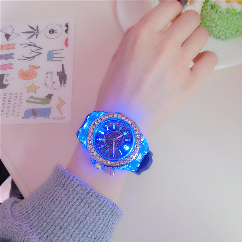 Luminous luminous personality rhinestone led Harajuku Korean fashion trend men and women students couple jelly quartz watch_voghion.com